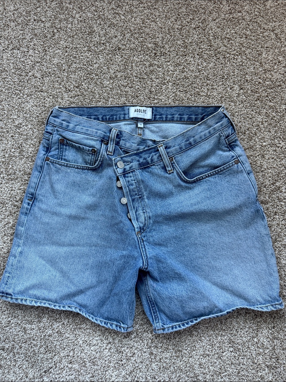 Agolde light blue high-rise cross-button denim shorts